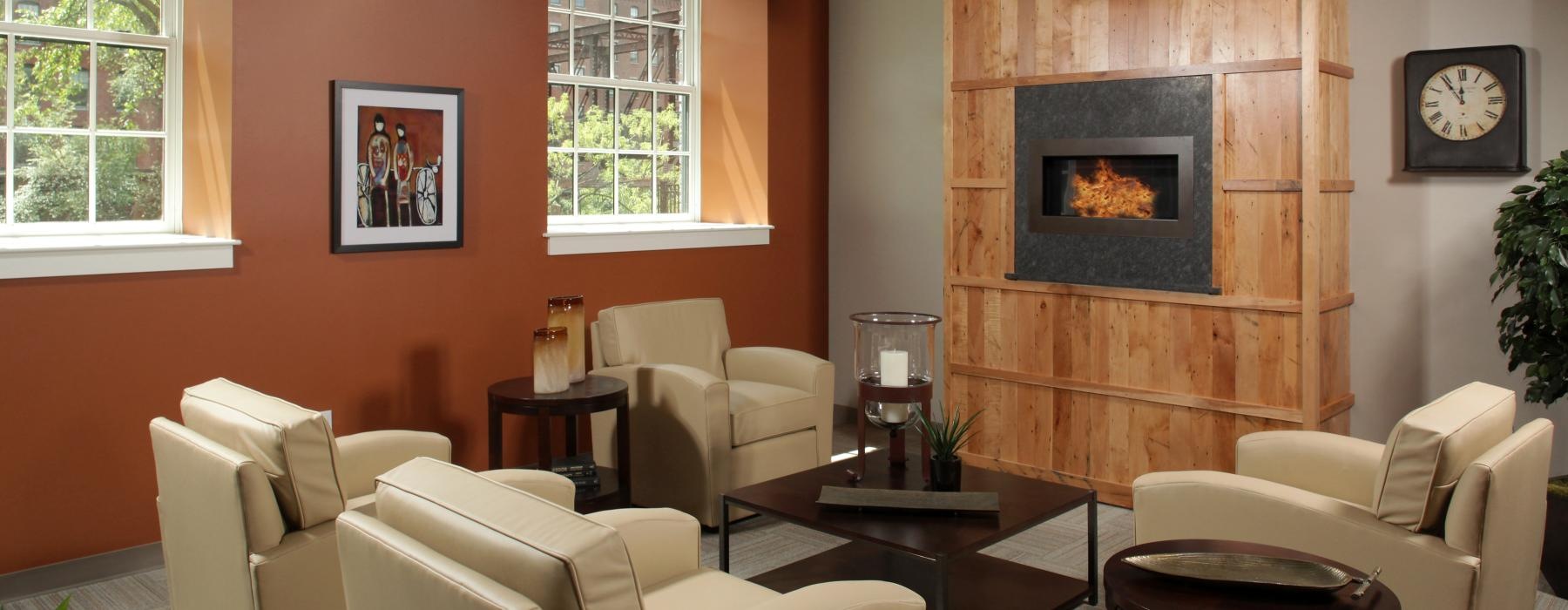 fireside seating in resident clubroom