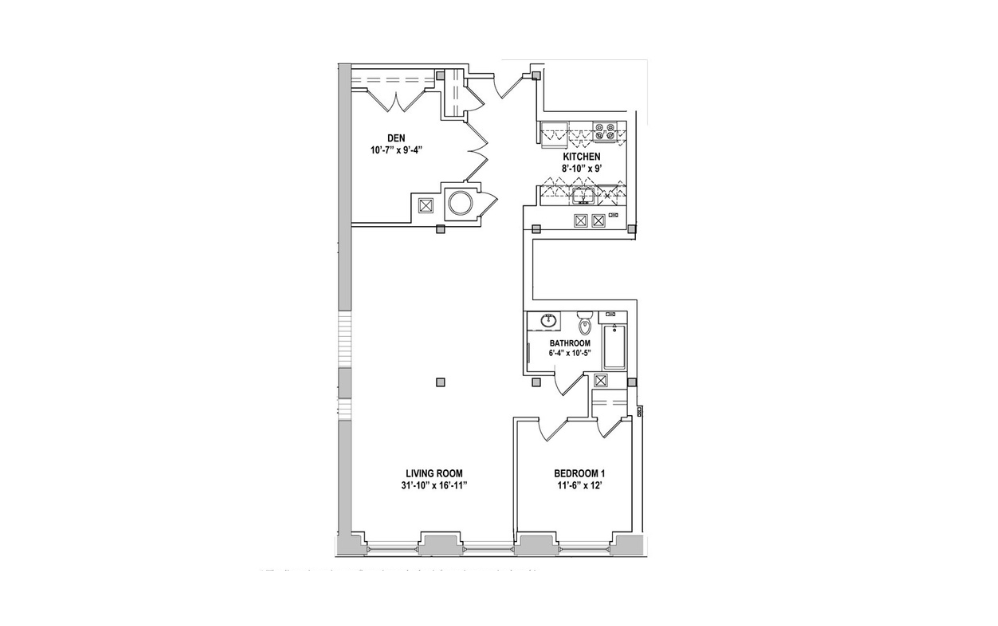 1  Bedroom with Den - 1 bedroom floorplan layout with 1 bath and 1211 square feet.
